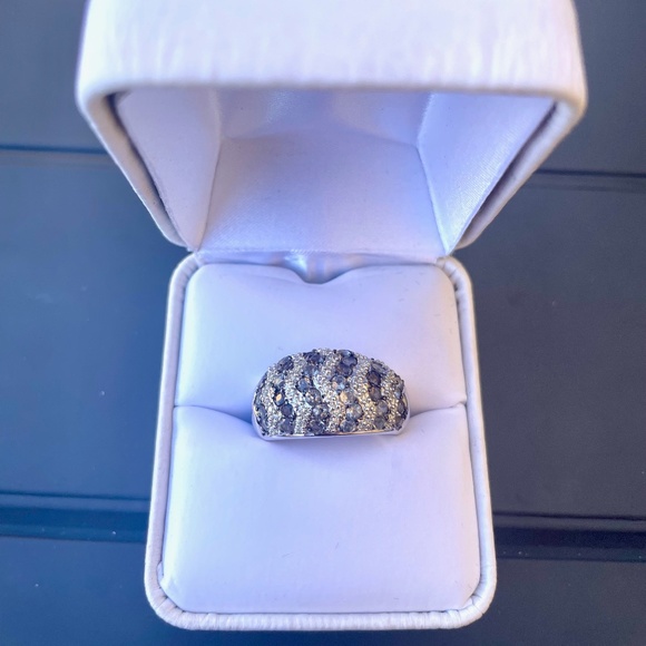 925 Sterling Silver Real White Diamond Smoky Quartz Cocktail Dome Ring, Size 7